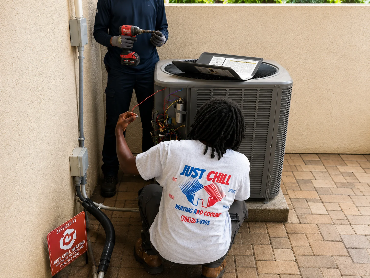 Just Chill technicians servicing an AC condenser in South Florida