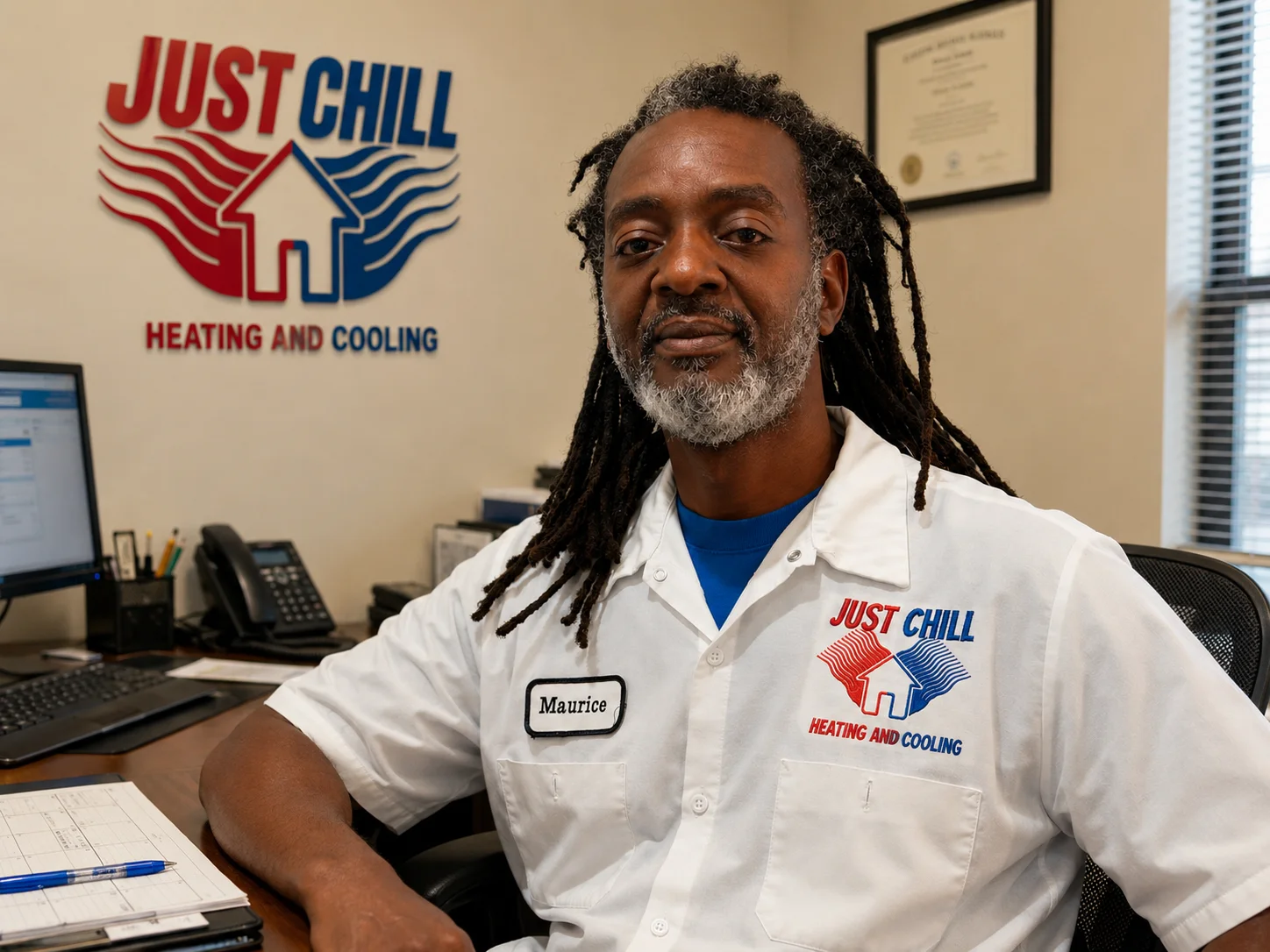 Maurice A. Lewis, founder of Just Chill Heating and Cooling, at his desk beneath the company logo
