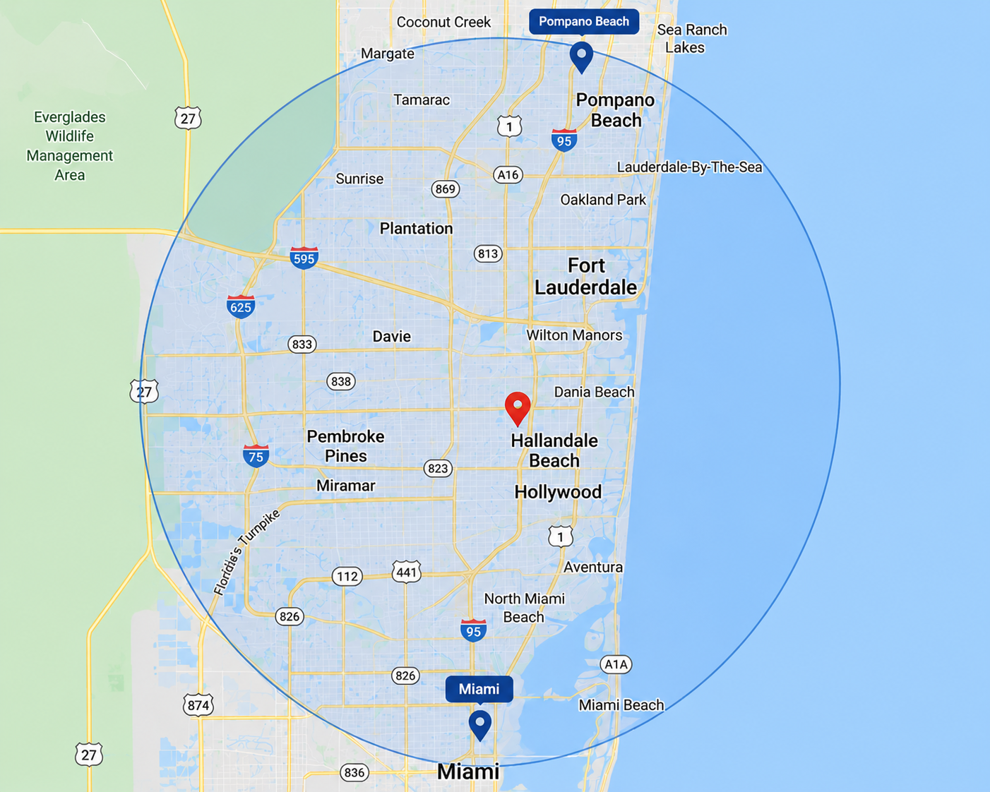 Just Chill South Florida service radius map — Miami to Pompano Beach, centered on Hallandale Beach
