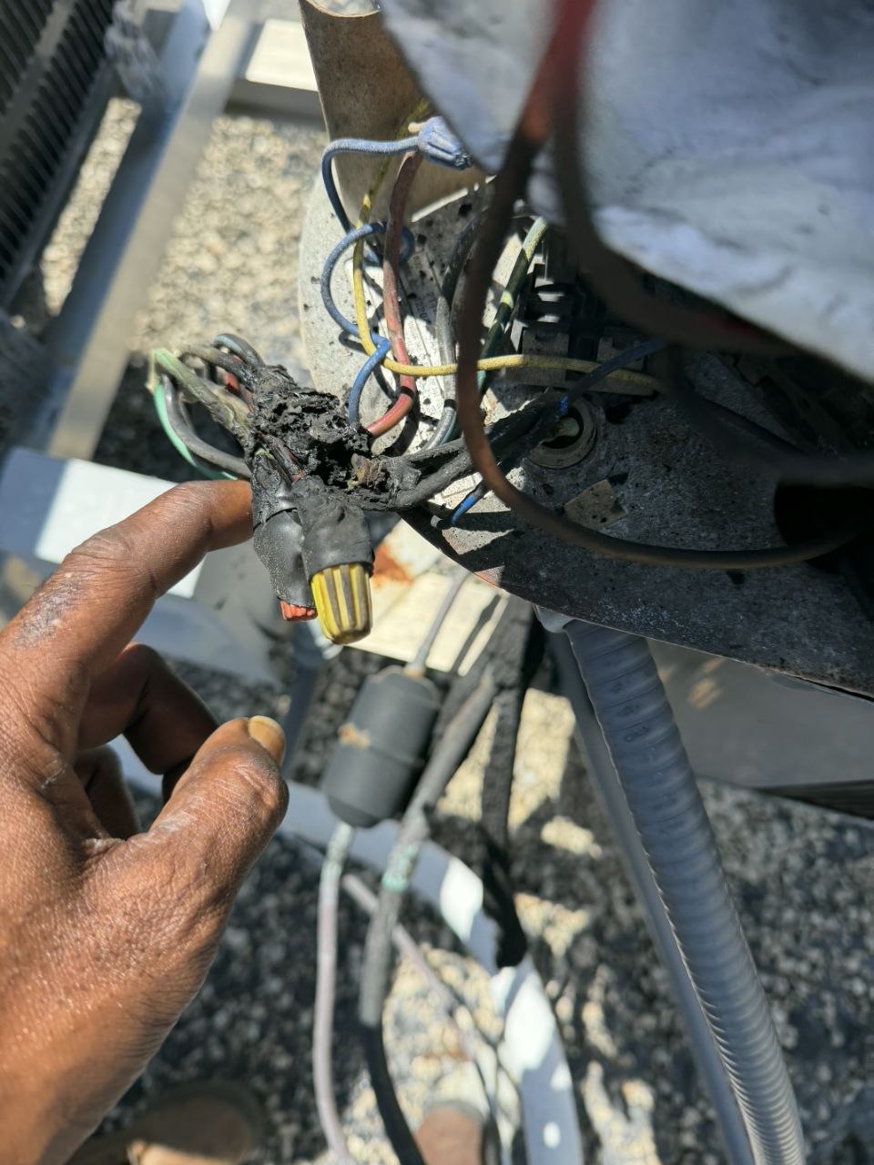 Burnt fan-motor wiring found during an AC service call in South Florida
